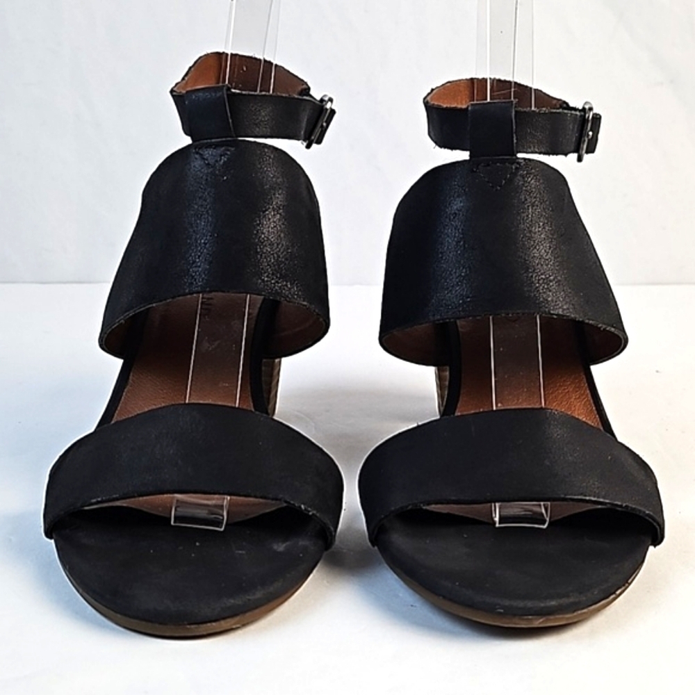 Lucky Brand Jodalee Black Leather Ankle Strap Wooden Stacked Block Heel Sandal - Picture 4 of 16